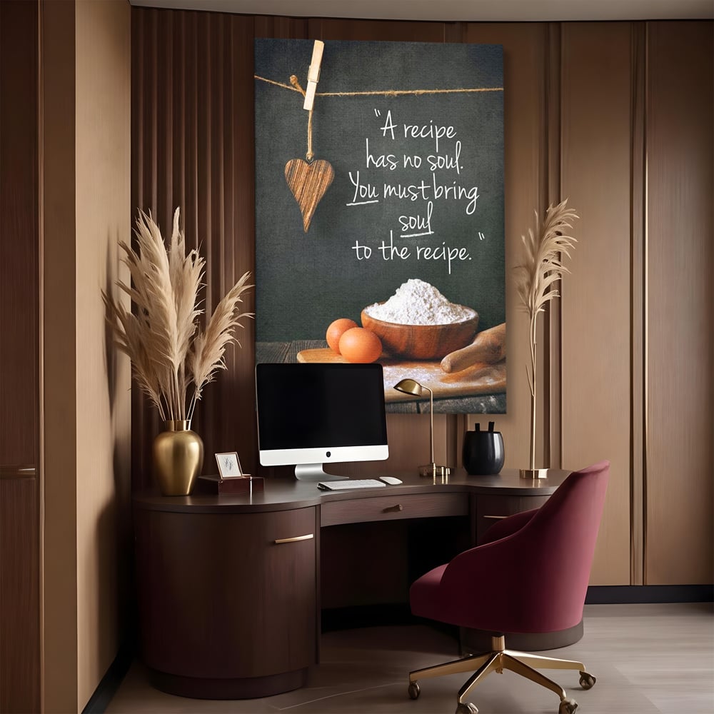 Tablou canvas cu tablou canvas cu citat culinar si faina, fara rama, pe sasiu de lemn, pe perete intr-un birou